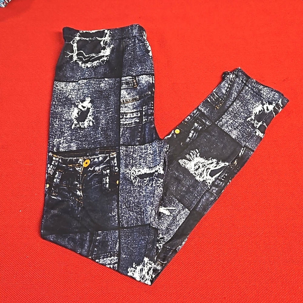Faux dark distressed jean look leggings NEW MIX OS NWOT fits 0 - 12 comfortably